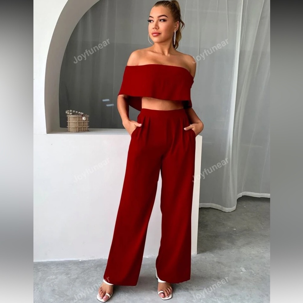 SHEIN Red Wide Leg Two Piece Set